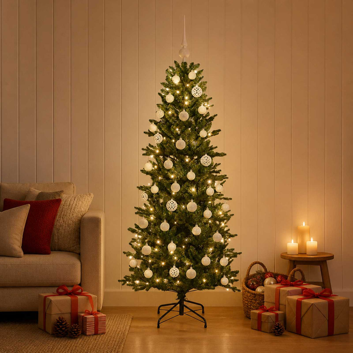 Artificial Christmas Tree Bauble LEDs Green white balls