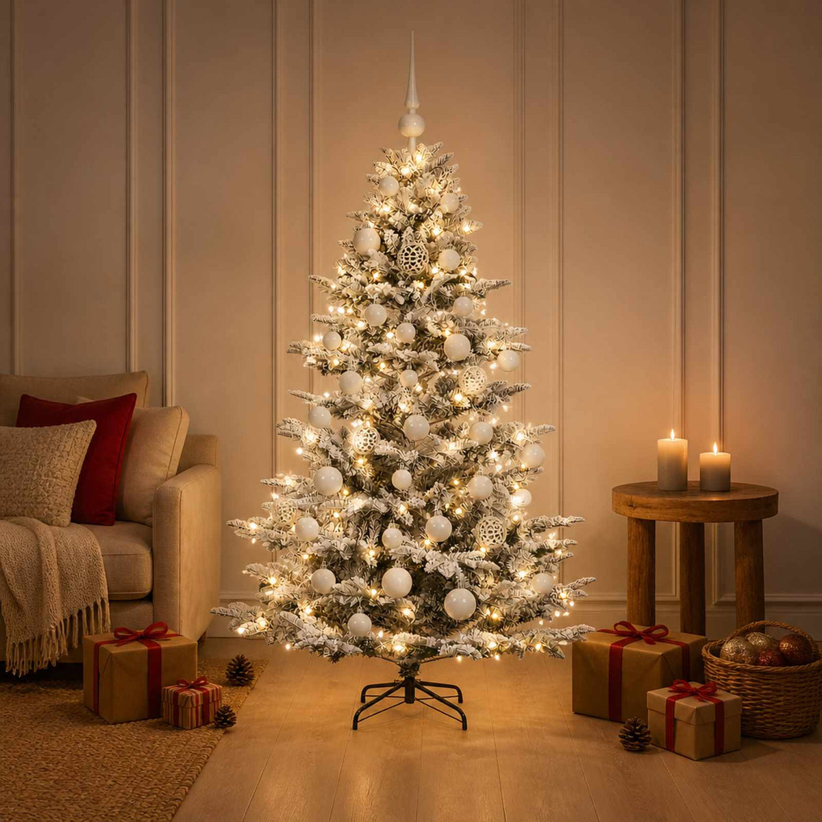 Artificial Christmas Tree with Bauble 150 LEDs Green and White 150 cm with LEDs & white balls