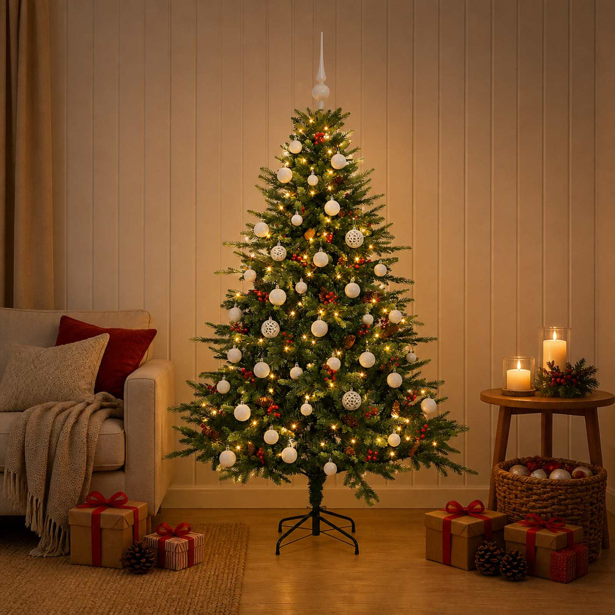 Artificial Christmas Tree Bauble LEDs Green white balls