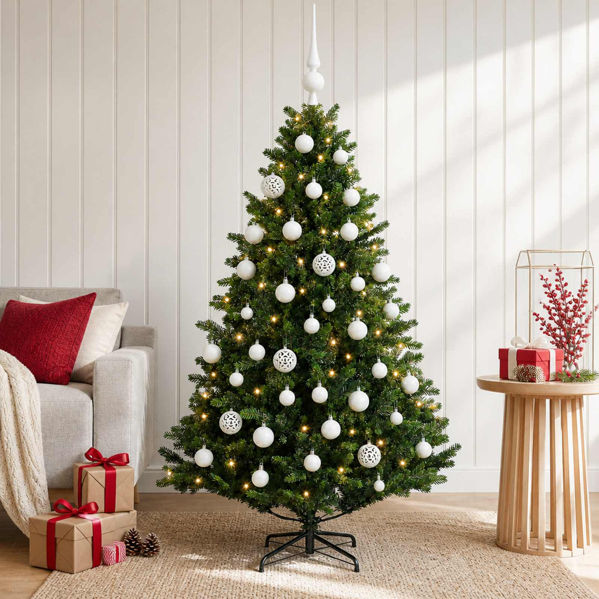 Artificial Christmas Tree Bauble LEDs Green white balls