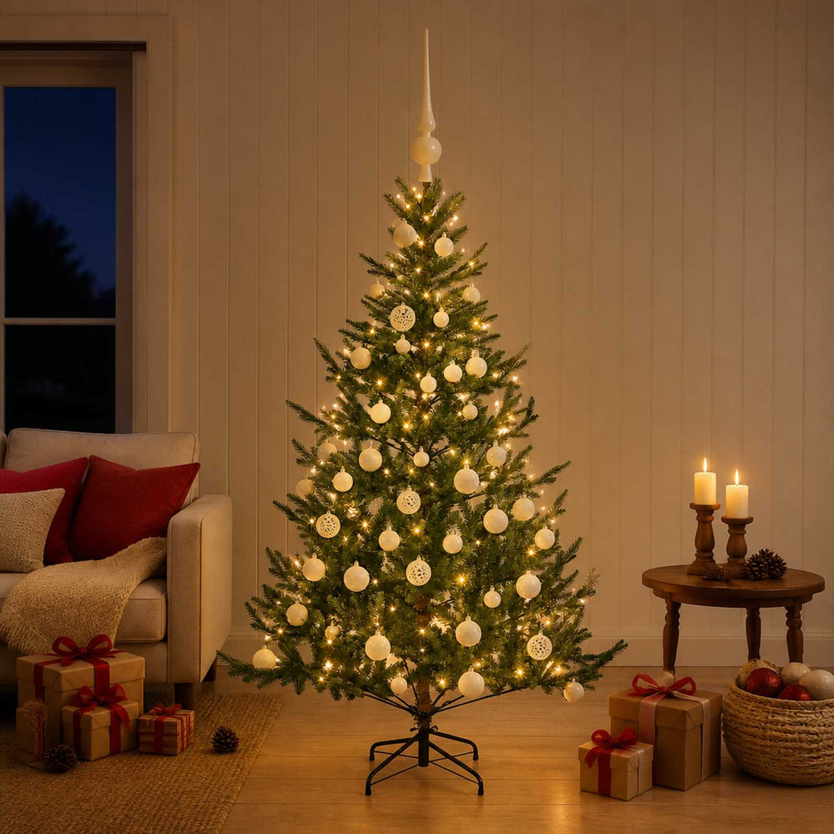 Artificial Christmas Tree with Bauble 150 LEDs Green 150 cm with LEDs & white balls
