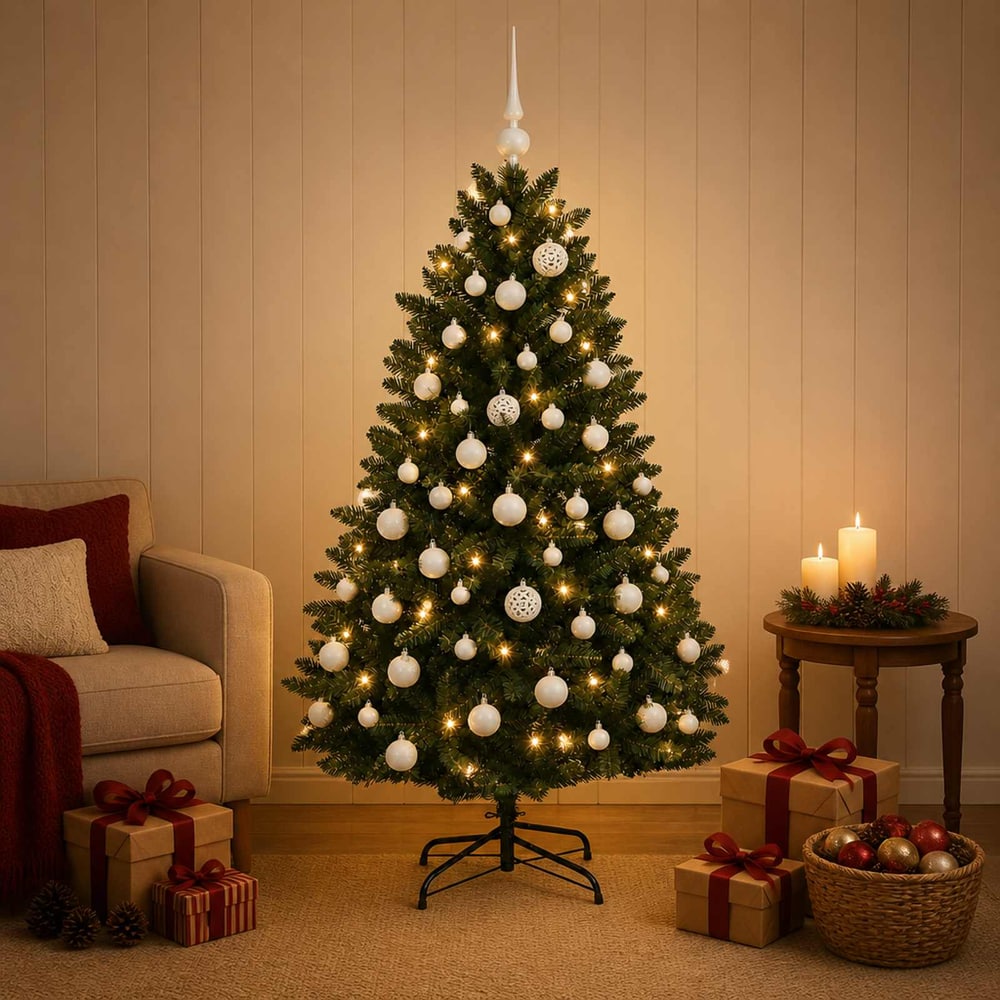 Artificial Christmas Tree with Bauble 150 cm Dark Green Ø 80 x 150 cm with 150 LEDs&white balls