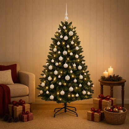 Artificial Christmas Tree with Bauble 150 cm Dark Green Ø 80 x 150 cm with 150 LEDs&white balls