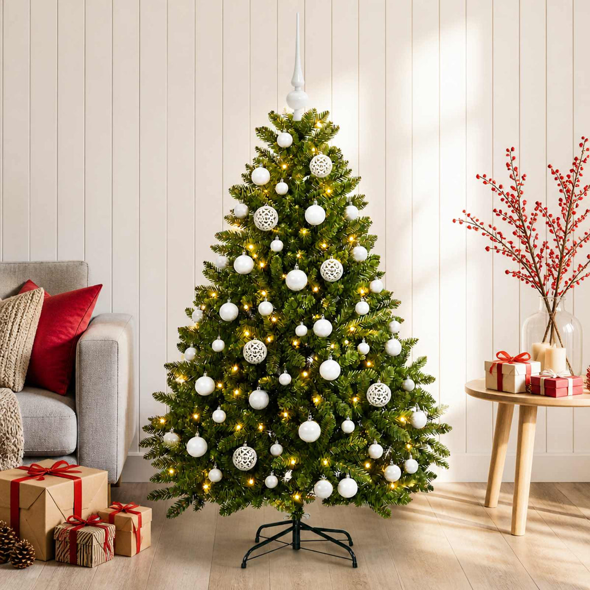 Artificial Christmas Tree with Bauble 120 cm Light green with 150 LEDs&white balls