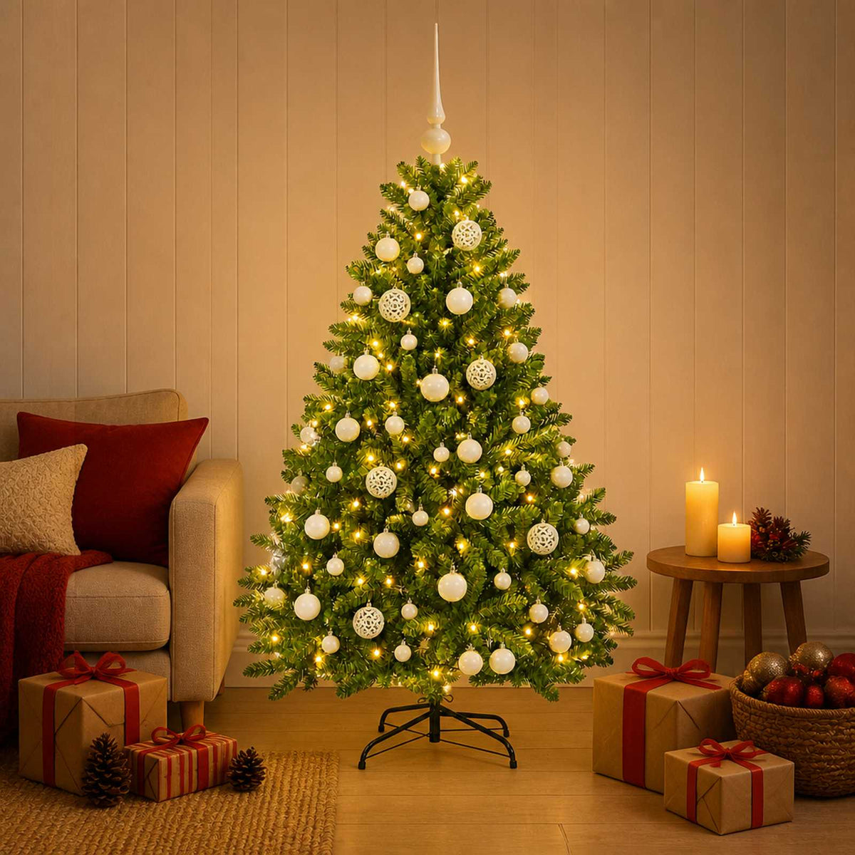 Artificial Christmas Tree with Bauble 120 cm Light green with 150 LEDs&white balls