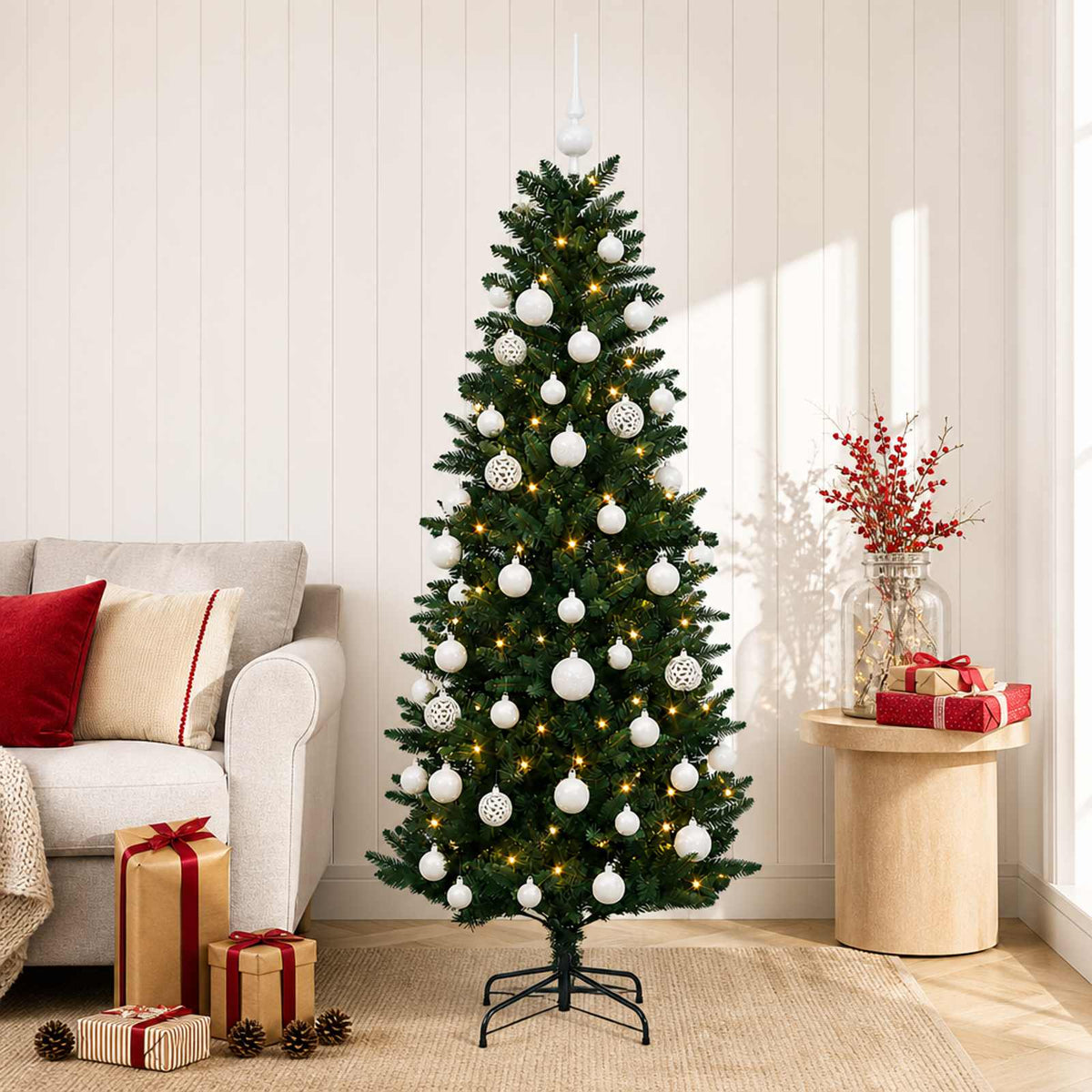 Artificial Christmas Tree with Bauble 150 LEDs Green 120 cm with LEDs &  white balls