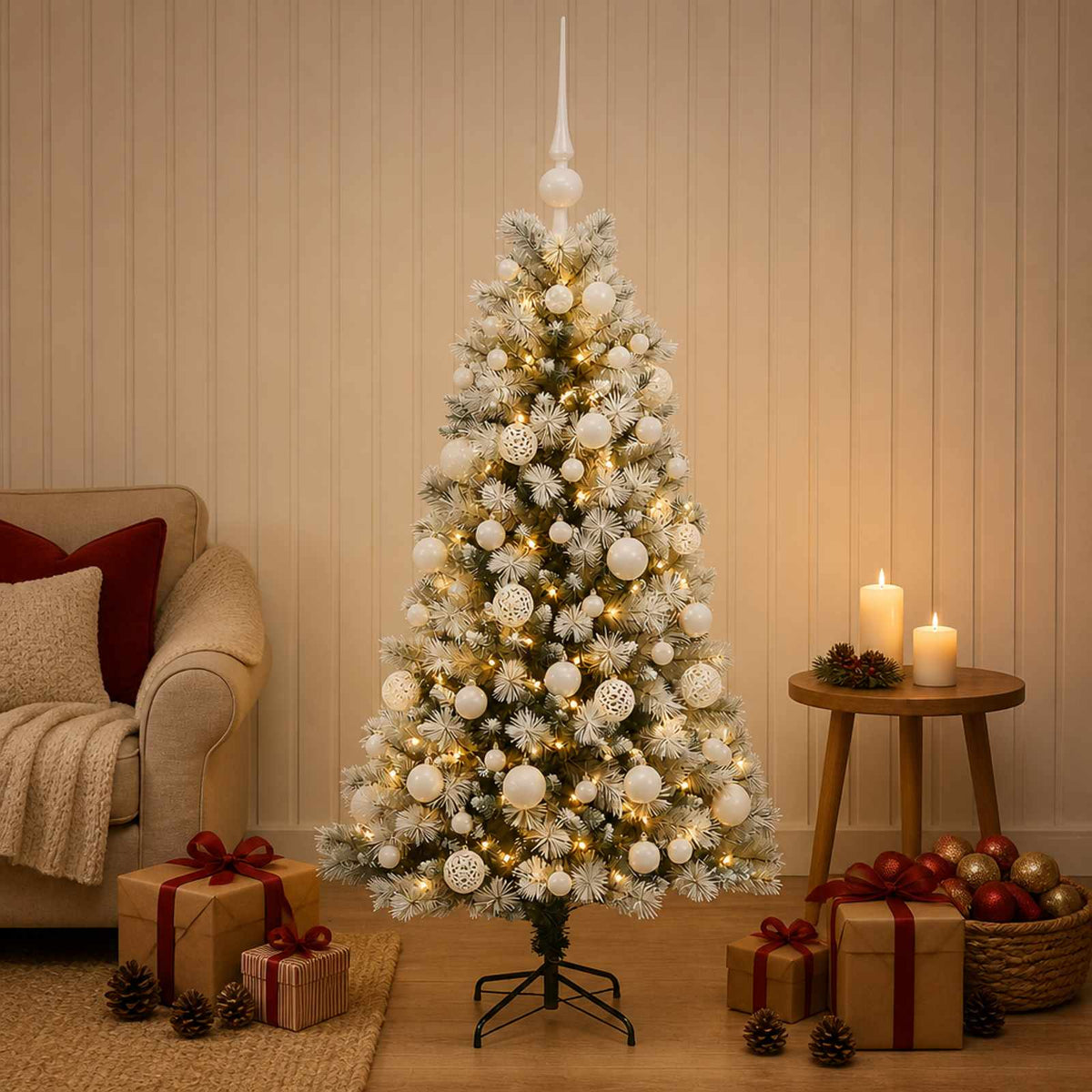 Artificial Hinged Christmas Tree with Baubles 150 LEDs with LEDs & white balls