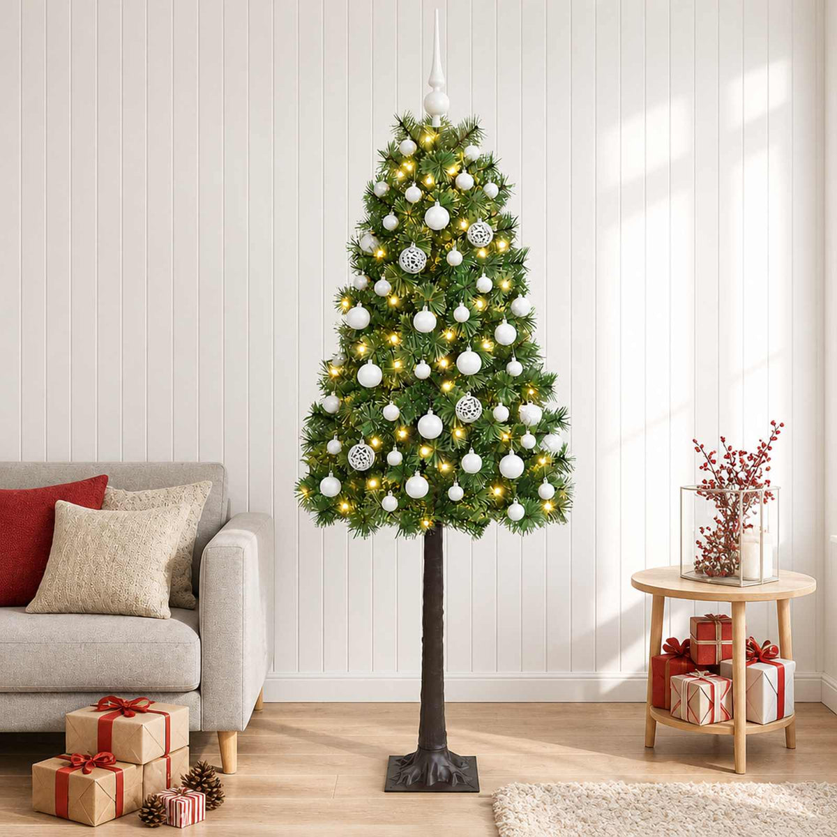 Artificial Hinged Christmas Tree with Baubles 150 LEDs Green 120 cm with LEDs & white balls