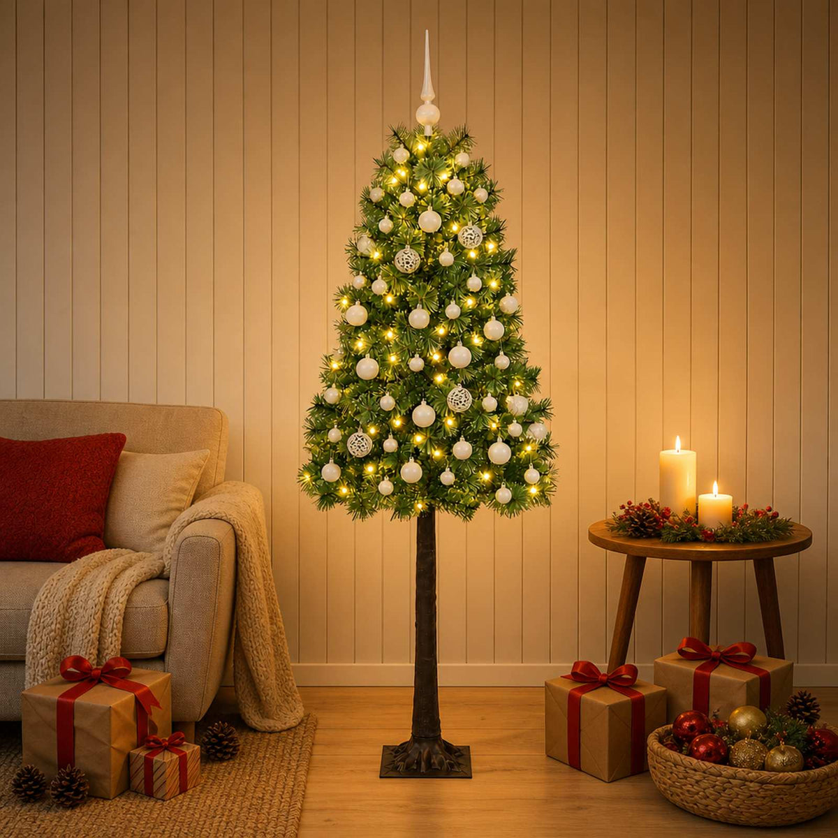 Artificial Hinged Christmas Tree with Baubles 150 LEDs Green 120 cm with LEDs & white balls