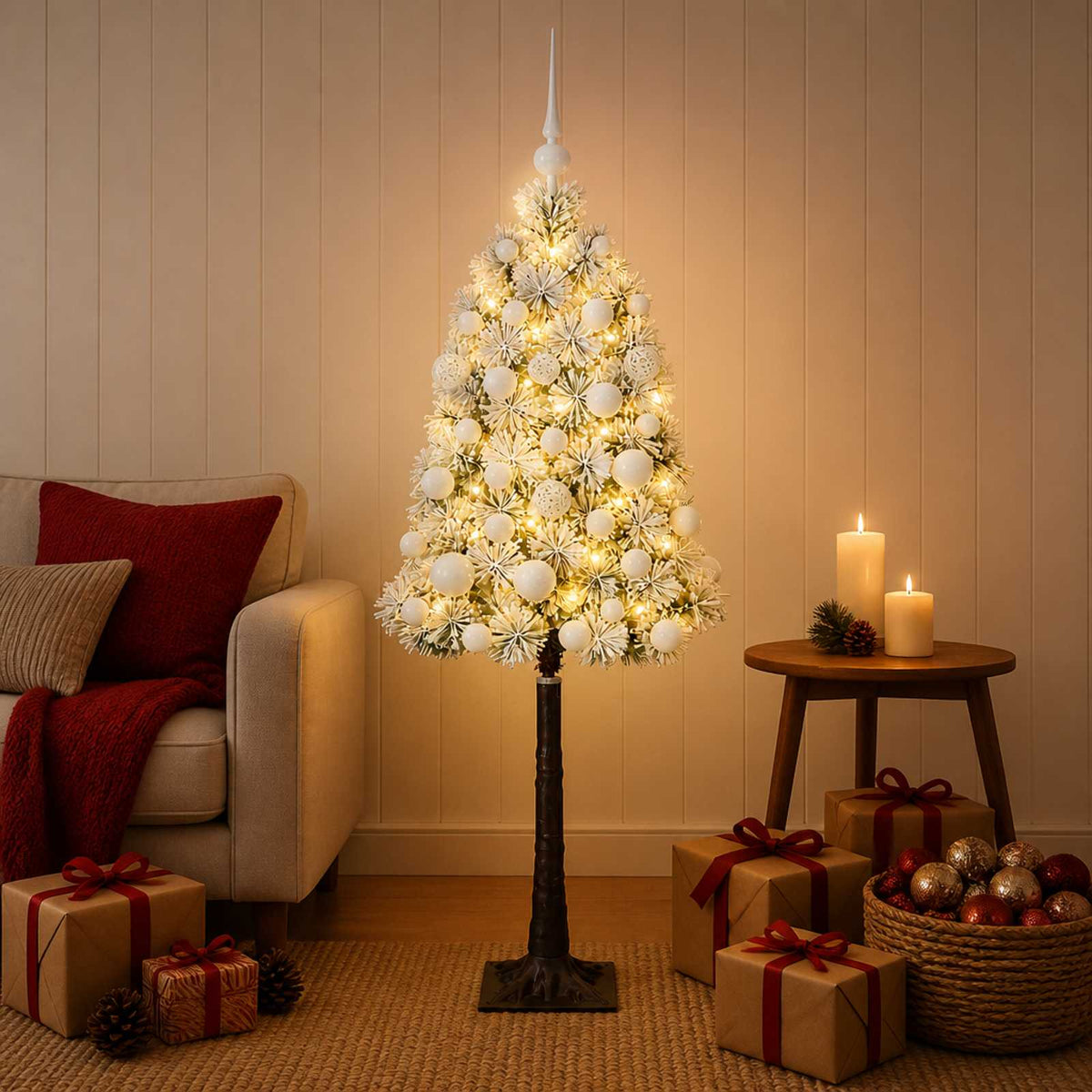 Artificial Hinged Christmas Tree with Baubles 150 LEDs Green and white 120 cm with LEDs & white balls