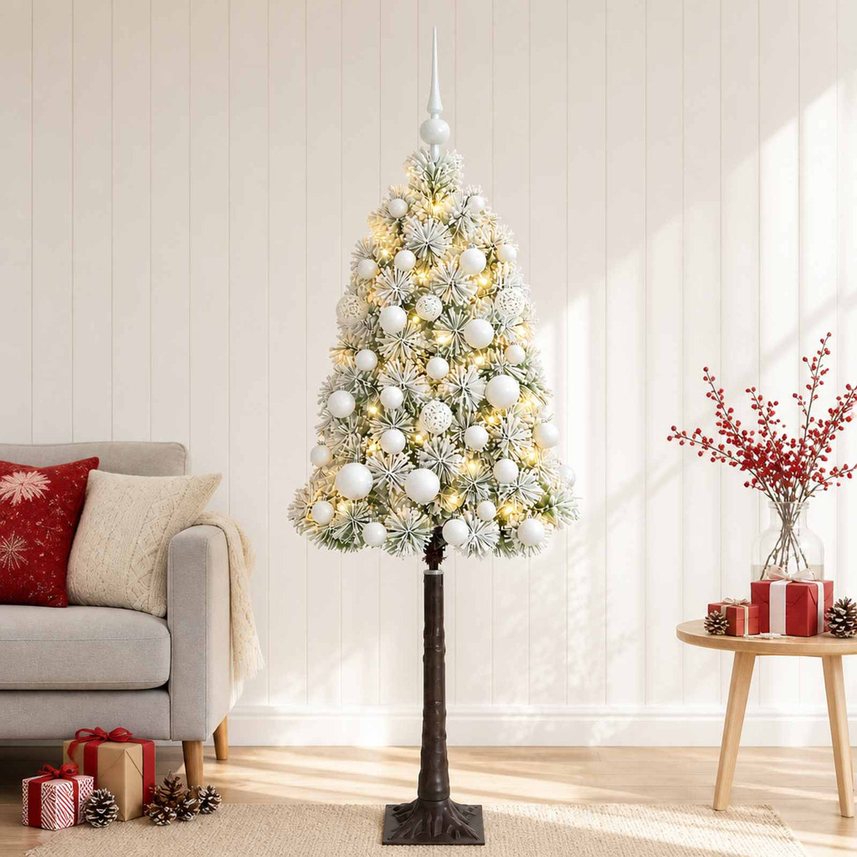 Artificial Hinged Christmas Tree with Baubles 150 LEDs Green and white 120 cm with LEDs & white balls
