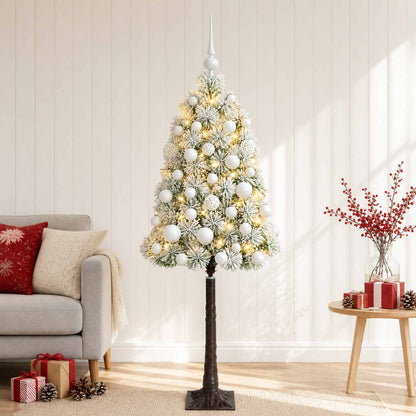 Artificial Hinged Christmas Tree with Baubles 150 LEDs Green and white 120 cm with LEDs & white balls