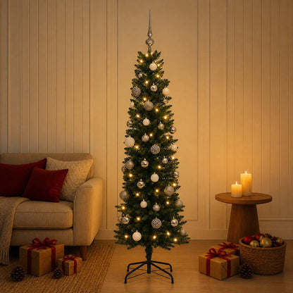 Artificial Slim Christmas Tree Baubles LEDs