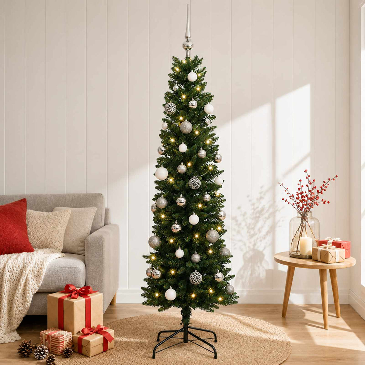 Artificial Slim Christmas Tree Baubles LEDs