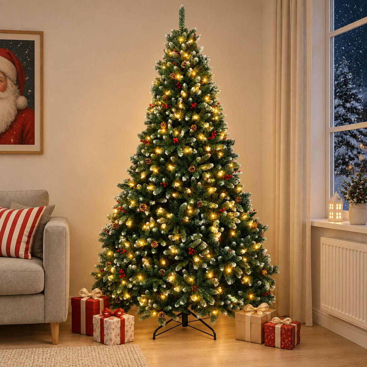 Artificial Christmas Tree Green Bauble LEDs Frosted Tips