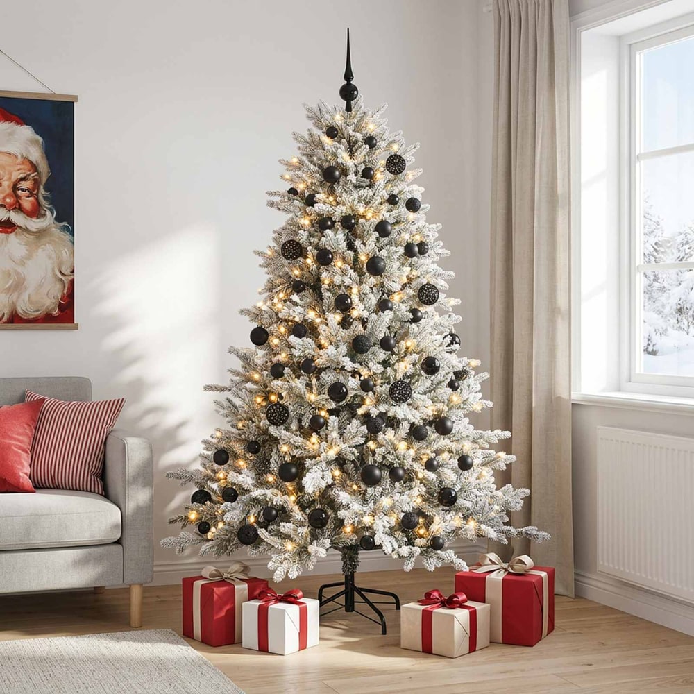 Artificial Christmas Tree with Bauble 150 LEDs Green and White 180 cm with LEDs & black balls