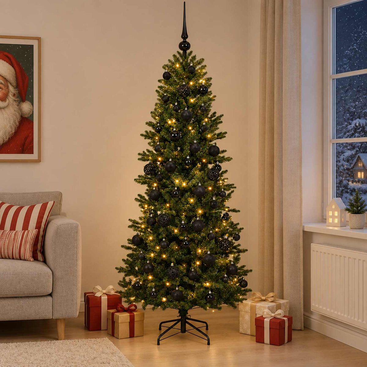 Artificial Christmas Tree Bauble LEDs Green Height black balls