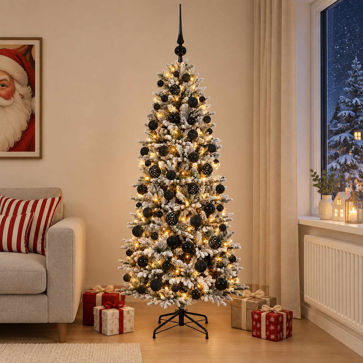 Artificial Christmas Tree Bauble LEDs Green White Height black balls