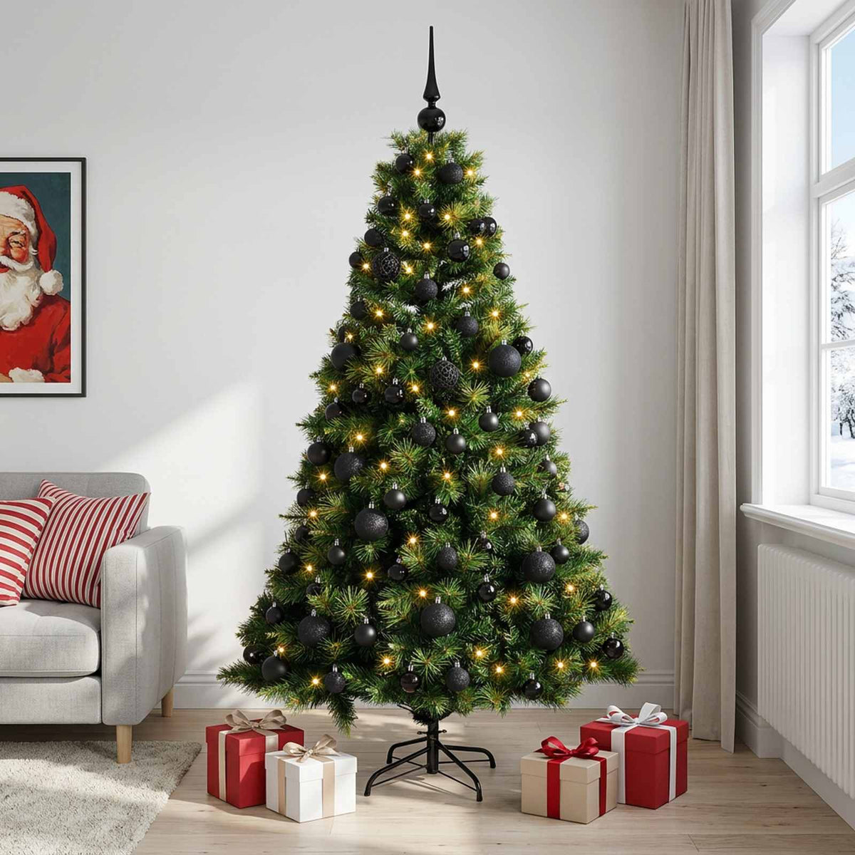 Artificial Christmas Tree Bauble LEDs Green Height black balls