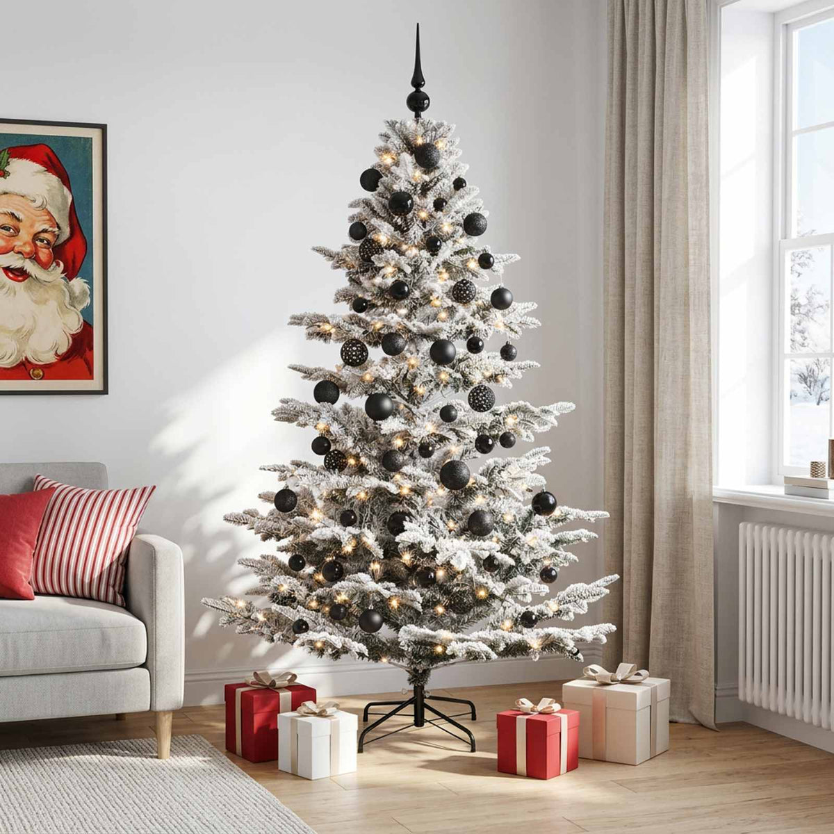 Artificial Christmas Tree with Bauble 150 LEDs Green and White 180 cm with LEDs & black balls