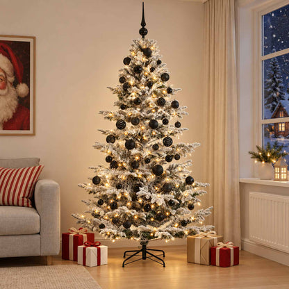 Artificial Christmas Tree with Bauble 150 LEDs Green and White 180 cm with LEDs & black balls