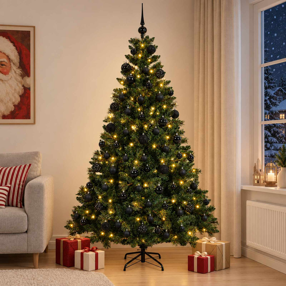 Artificial Christmas Tree Bauble LEDs Green Height black balls