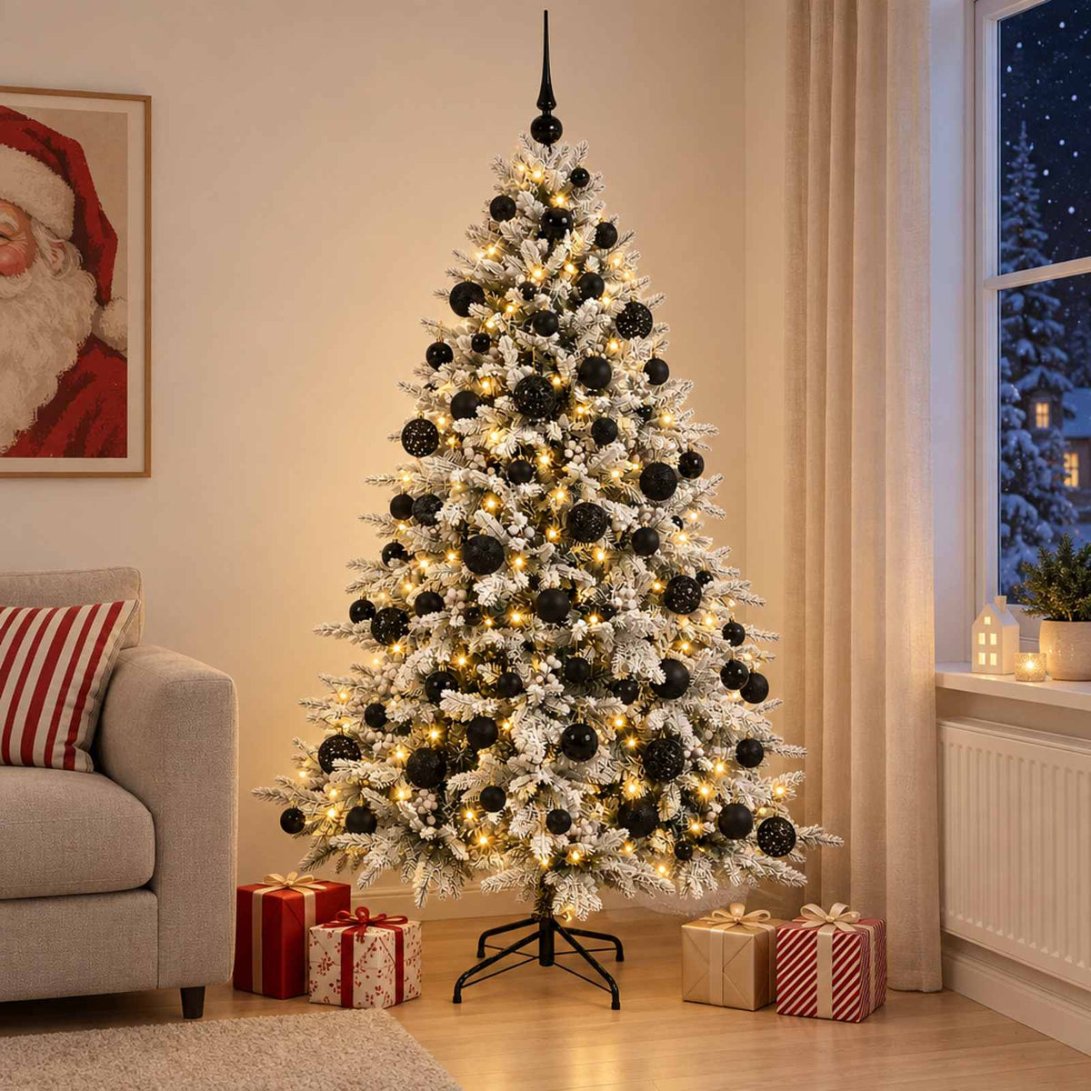 Artificial Christmas Tree Bauble LEDs Green White black balls