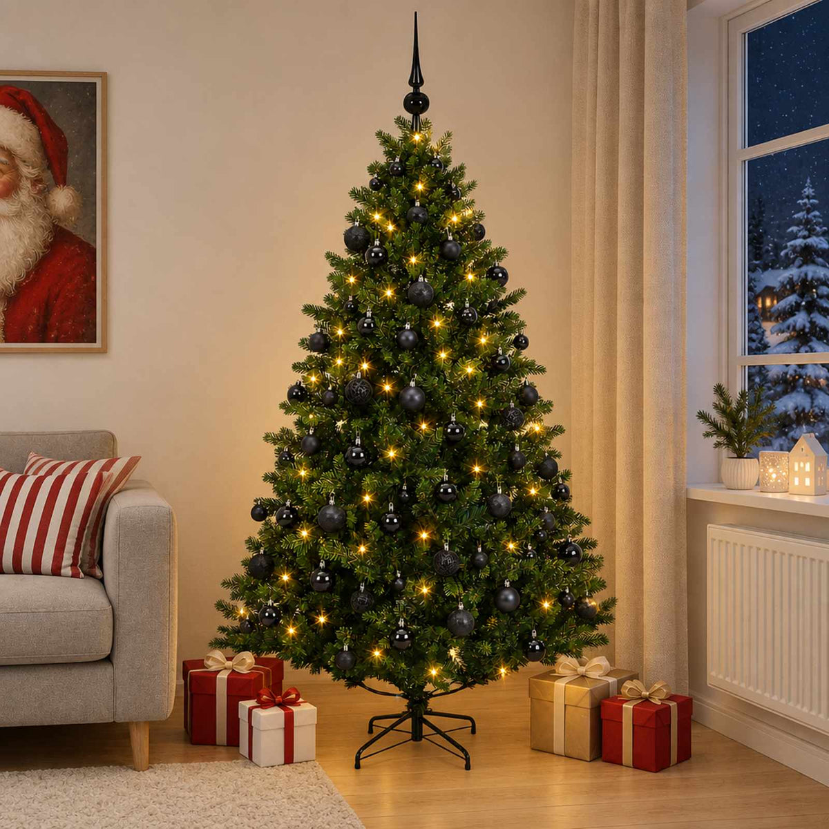 Artificial Christmas Tree Bauble LEDs Green black balls