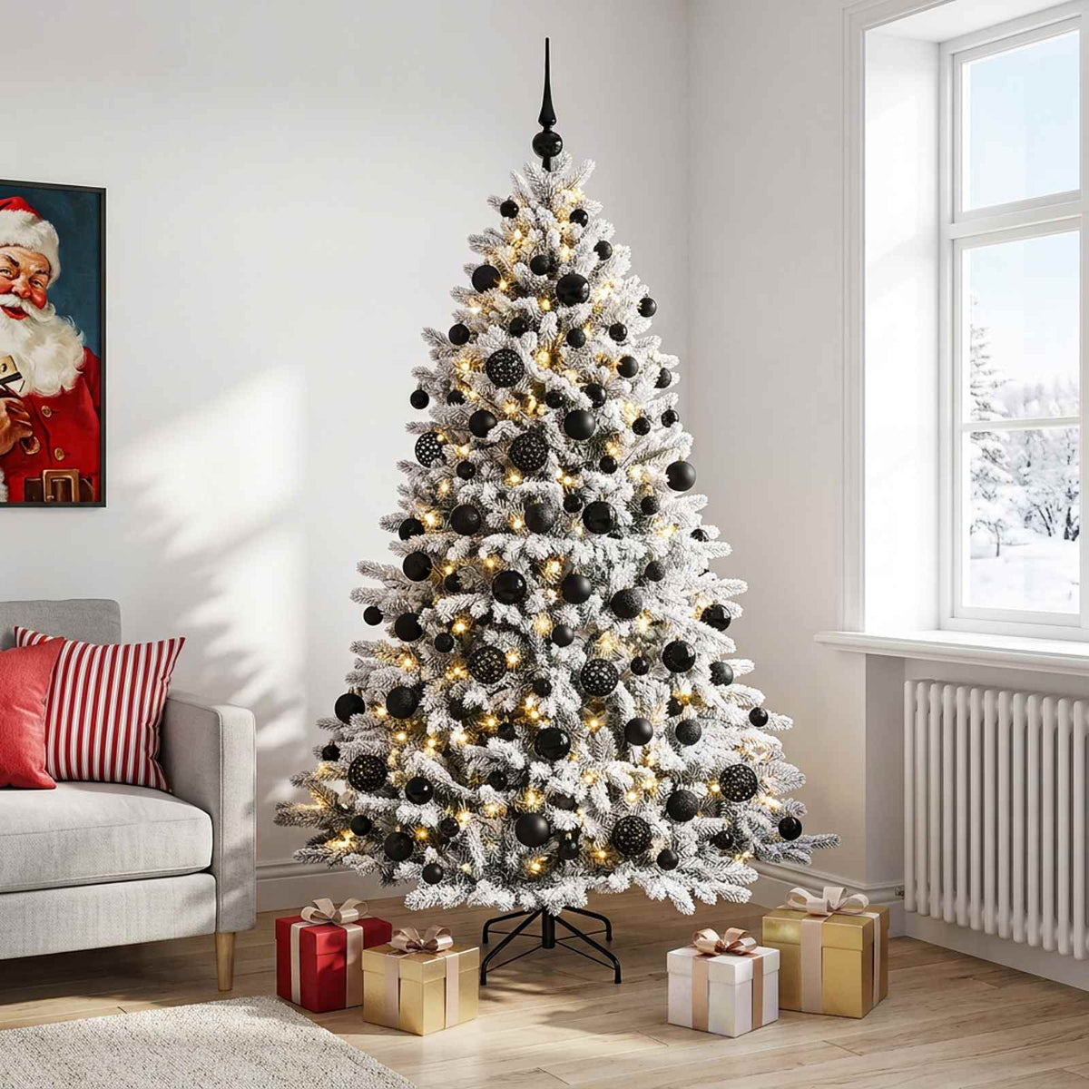 Artificial Christmas Tree Bauble LEDs Green White black balls