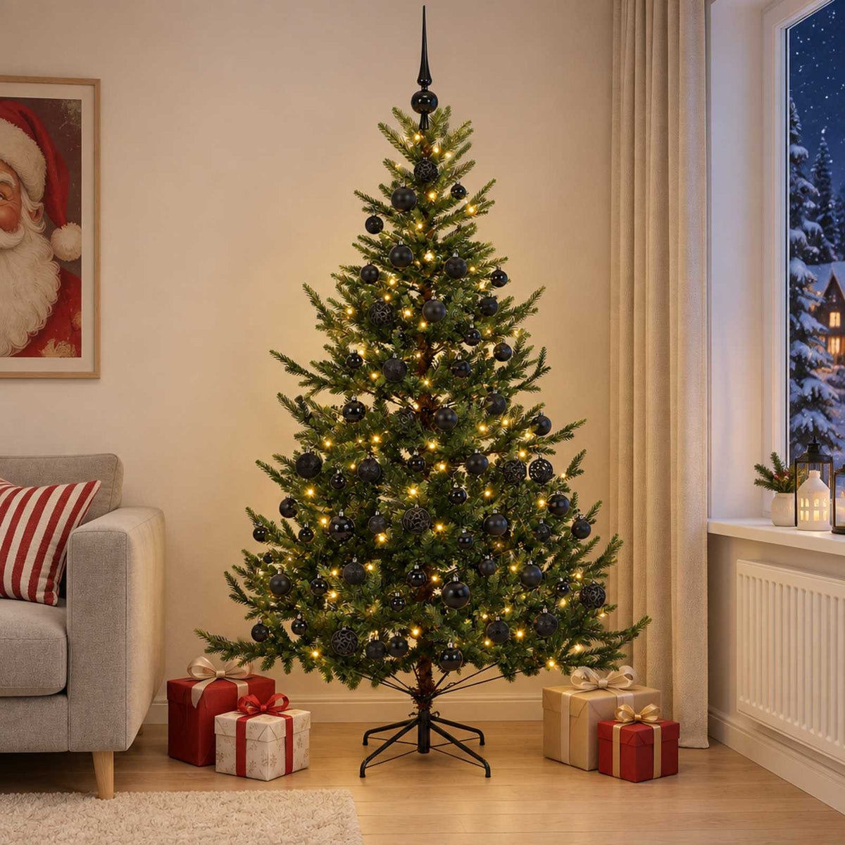 Artificial Christmas Tree Bauble LEDs Green black balls