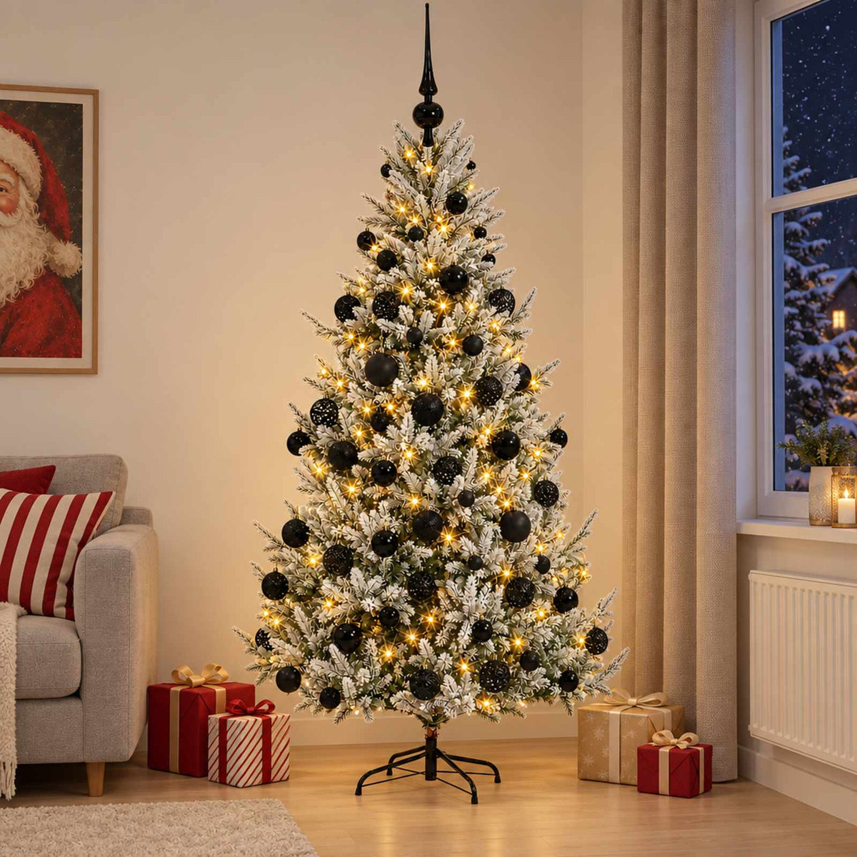 Artificial Christmas Tree Bauble LEDs Green White black balls