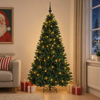 Artificial Christmas Tree Bauble Dark Green LEDs&black balls