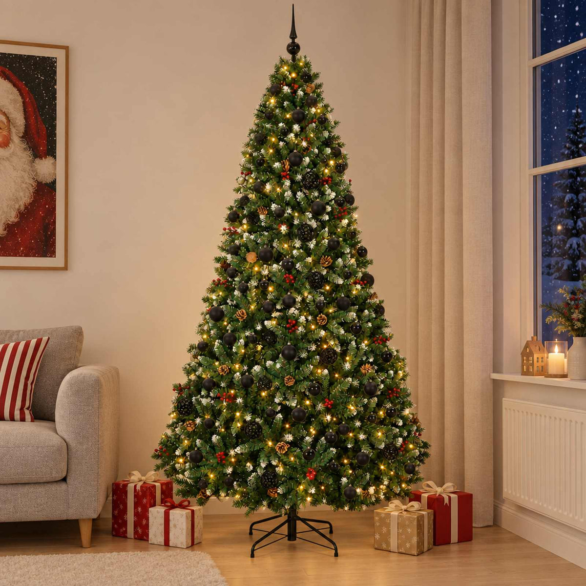 Artificial Christmas Tree Green with Bauble 210 cm 300 LEDs Green with Frosted Tips Ø 106 x 210 cm with 300 LEDs&black balls