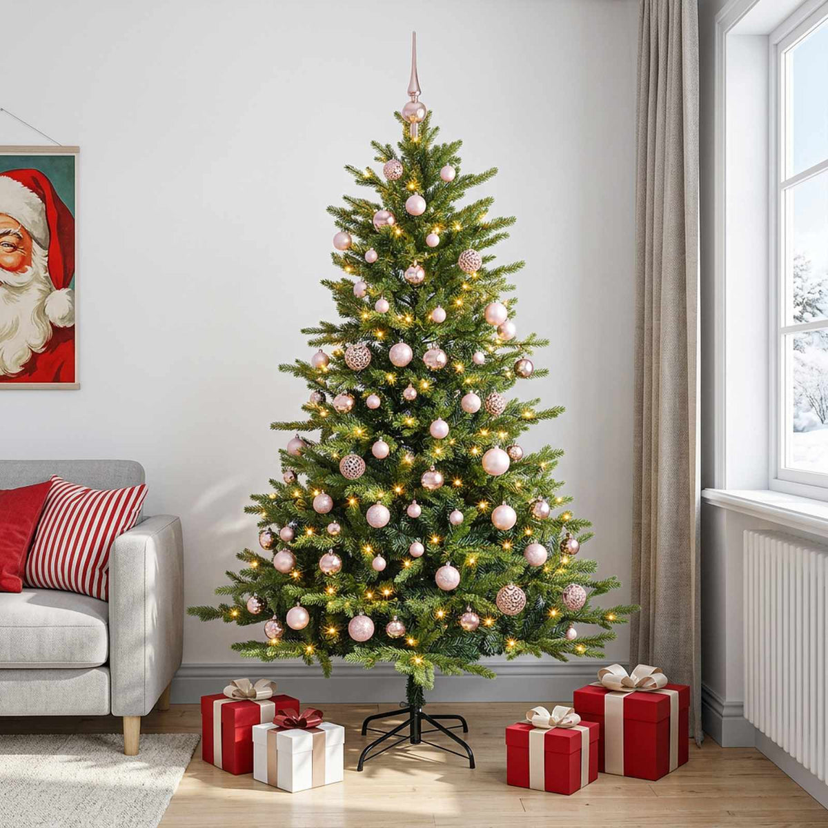 Artificial Christmas Tree Bauble LEDs Green Height pink balls