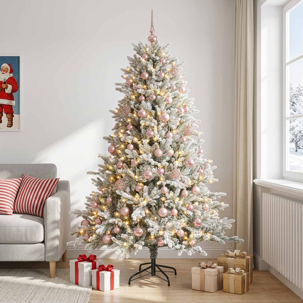 Artificial Christmas Tree with Bauble 150 LEDs Green and White 180 cm with LEDs & pink balls