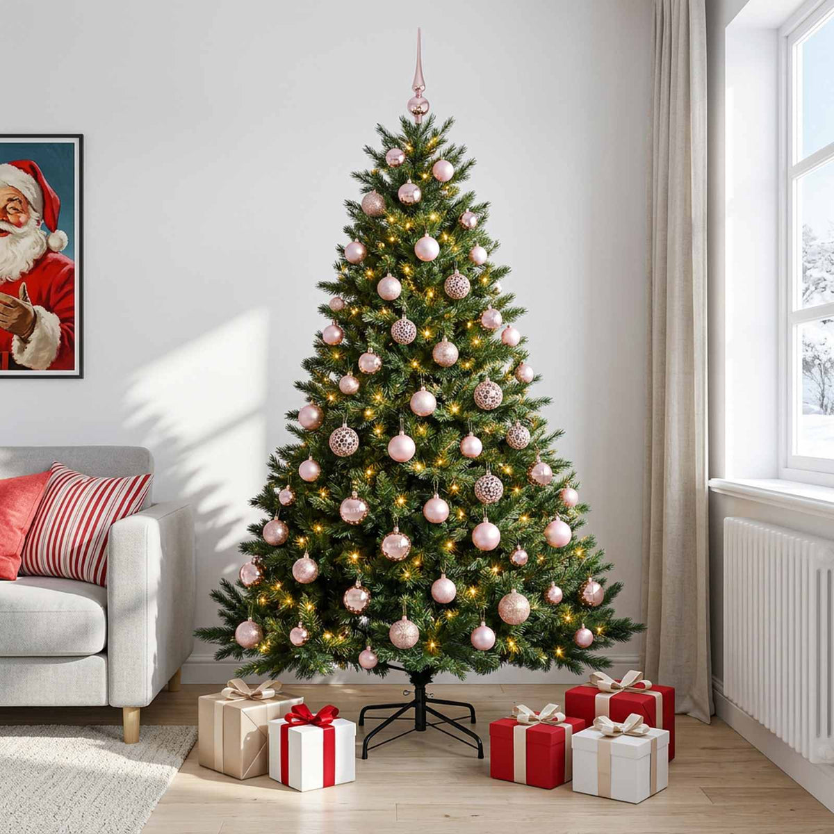 Artificial Christmas Tree Bauble LEDs Green Height pink balls