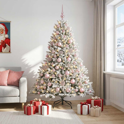 Artificial Christmas Tree with Bauble 300 LEDs Green and White Height 210 cm with LEDs & pink balls