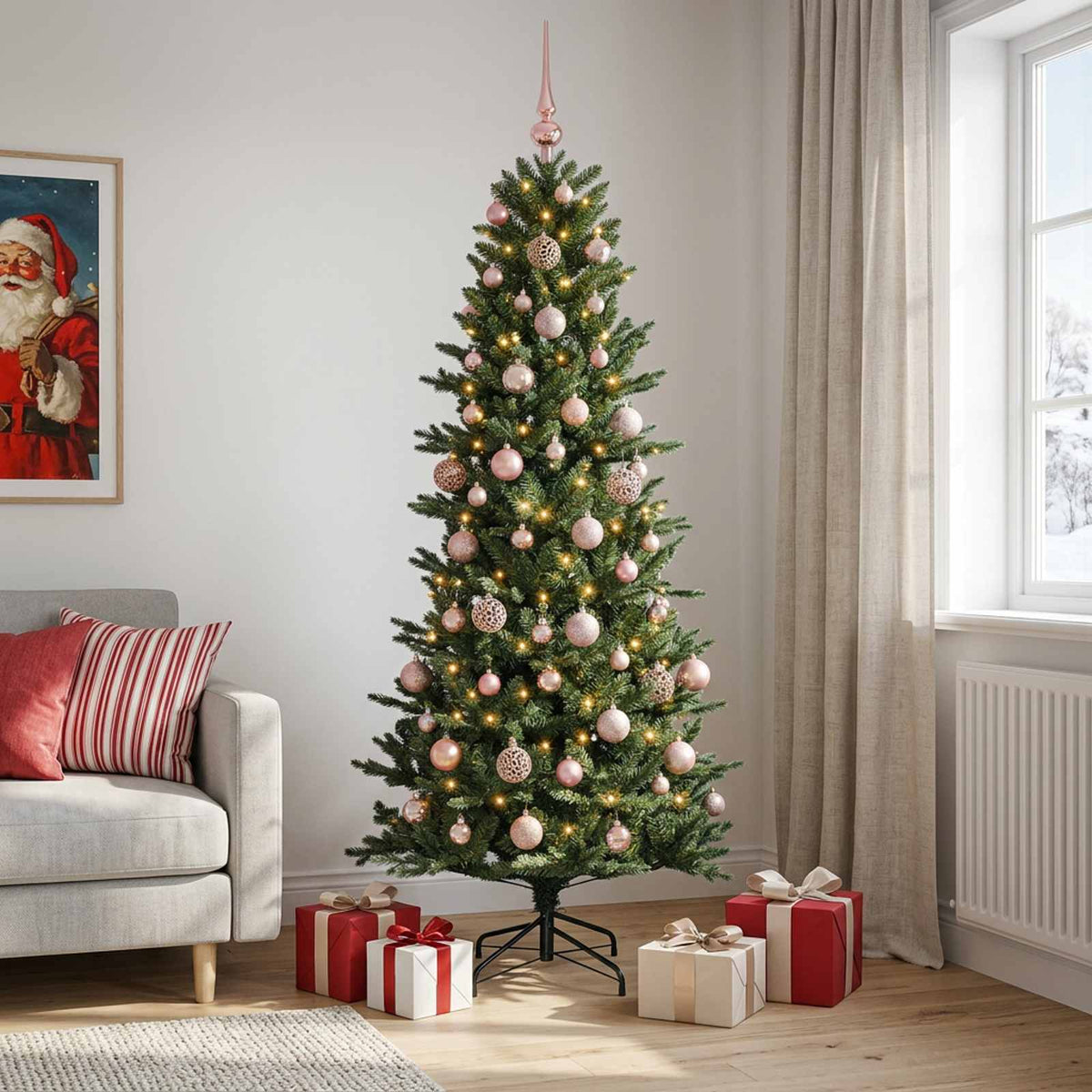 Artificial Christmas Tree Bauble LEDs Green Height pink balls