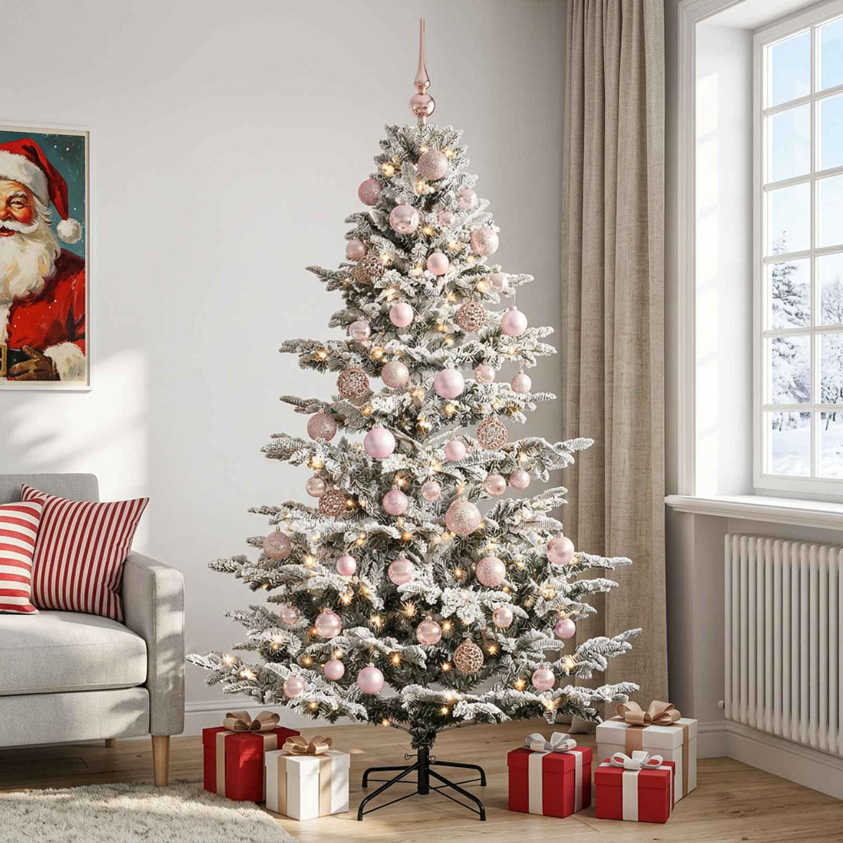 Artificial Christmas Tree with Bauble 150 LEDs Green and White 180 cm with LEDs & pink balls