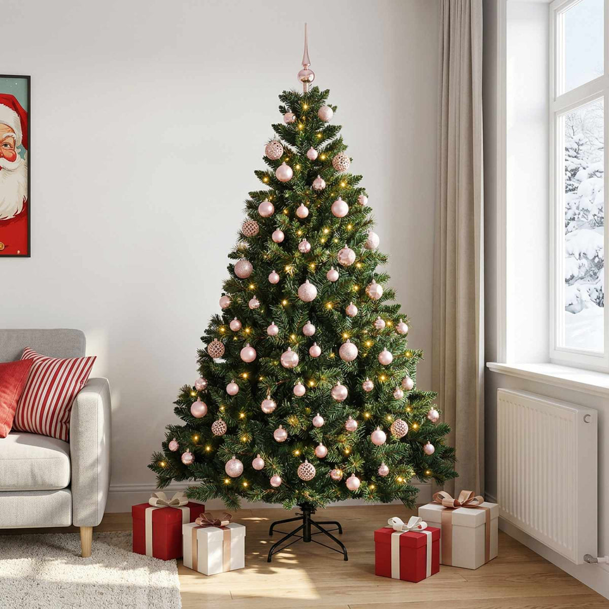 Artificial Christmas Tree Bauble LEDs Green Height pink balls