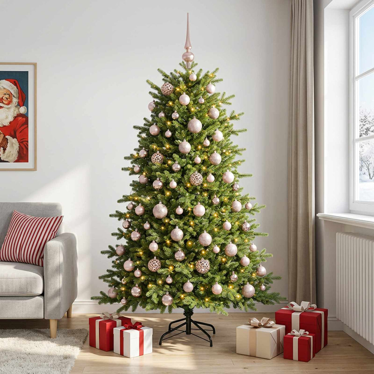 Artificial Christmas Tree with Bauble 300 LEDs 180 cm with LEDs & pink balls