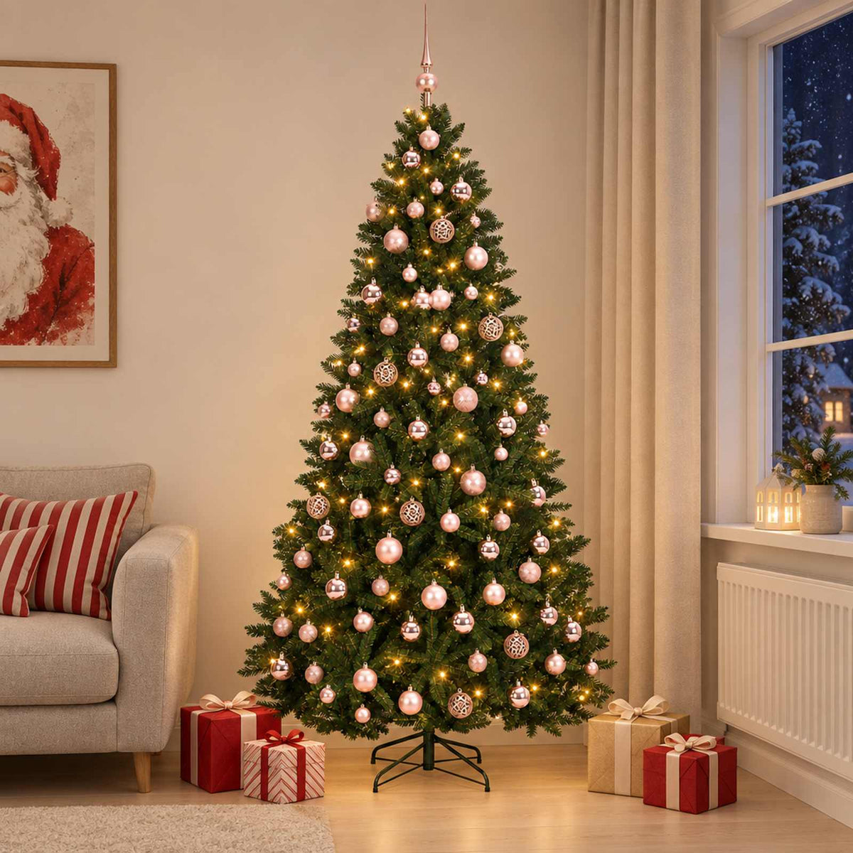 Artificial Christmas Tree Bauble Dark Green LEDs&pink balls