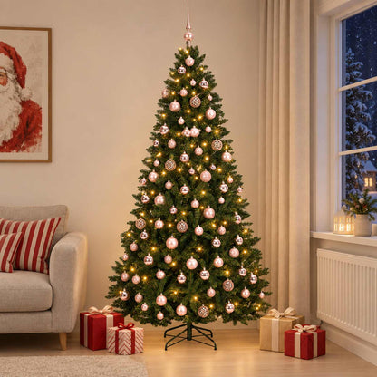 Artificial Christmas Tree Bauble Dark Green LEDs&pink balls