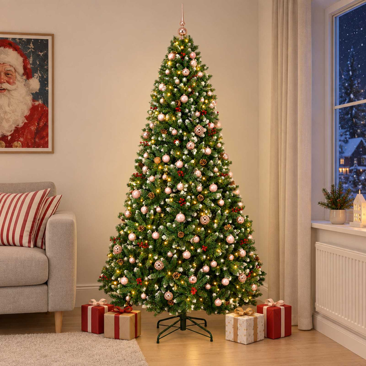 Artificial Christmas Tree Green Bauble LEDs Frosted Tips LEDs&pink balls