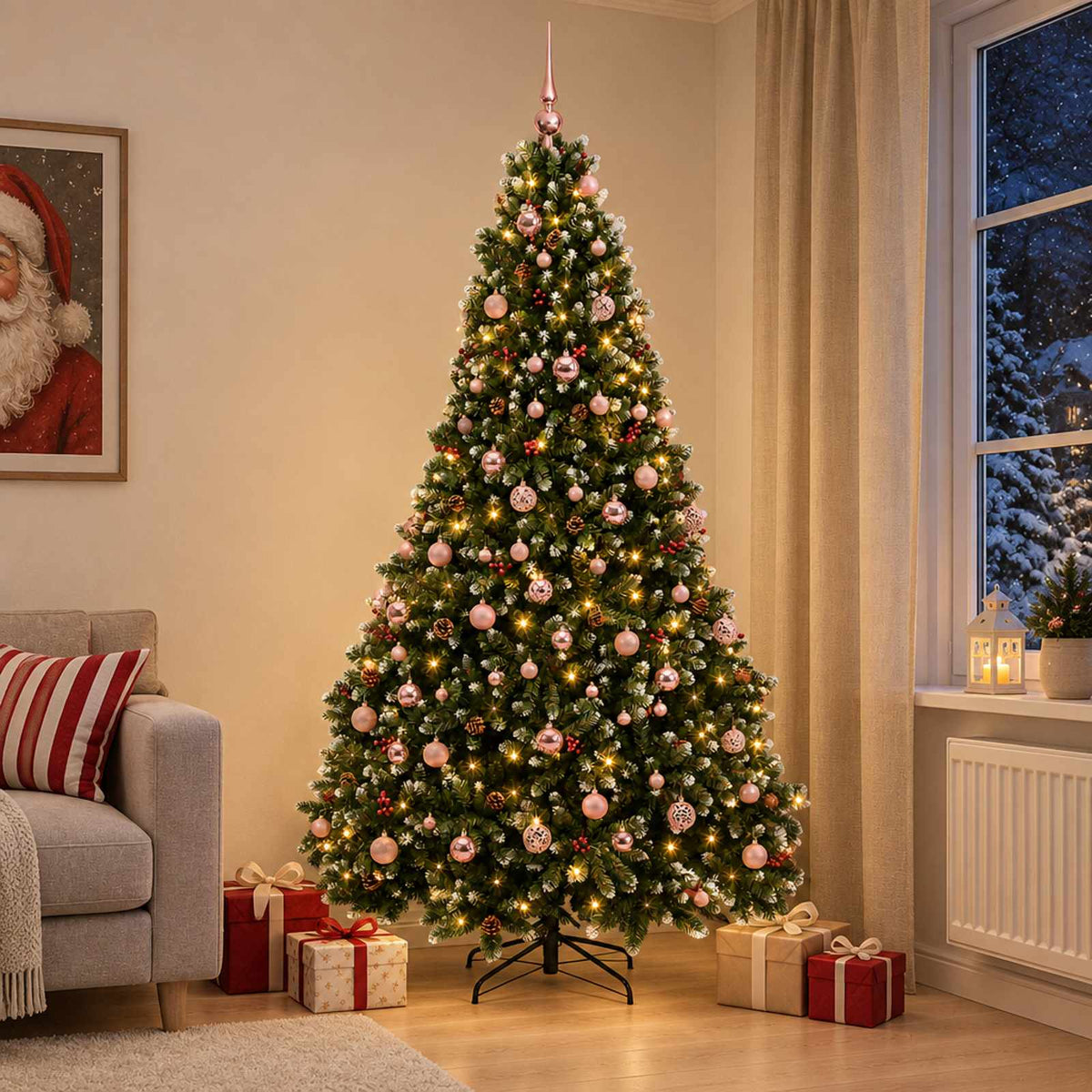 Artificial Christmas Tree Green with Bauble 210 cm 300 LEDs Green with Frosted Tips Ø 138 x 210 cm with 300 LEDs&pink balls