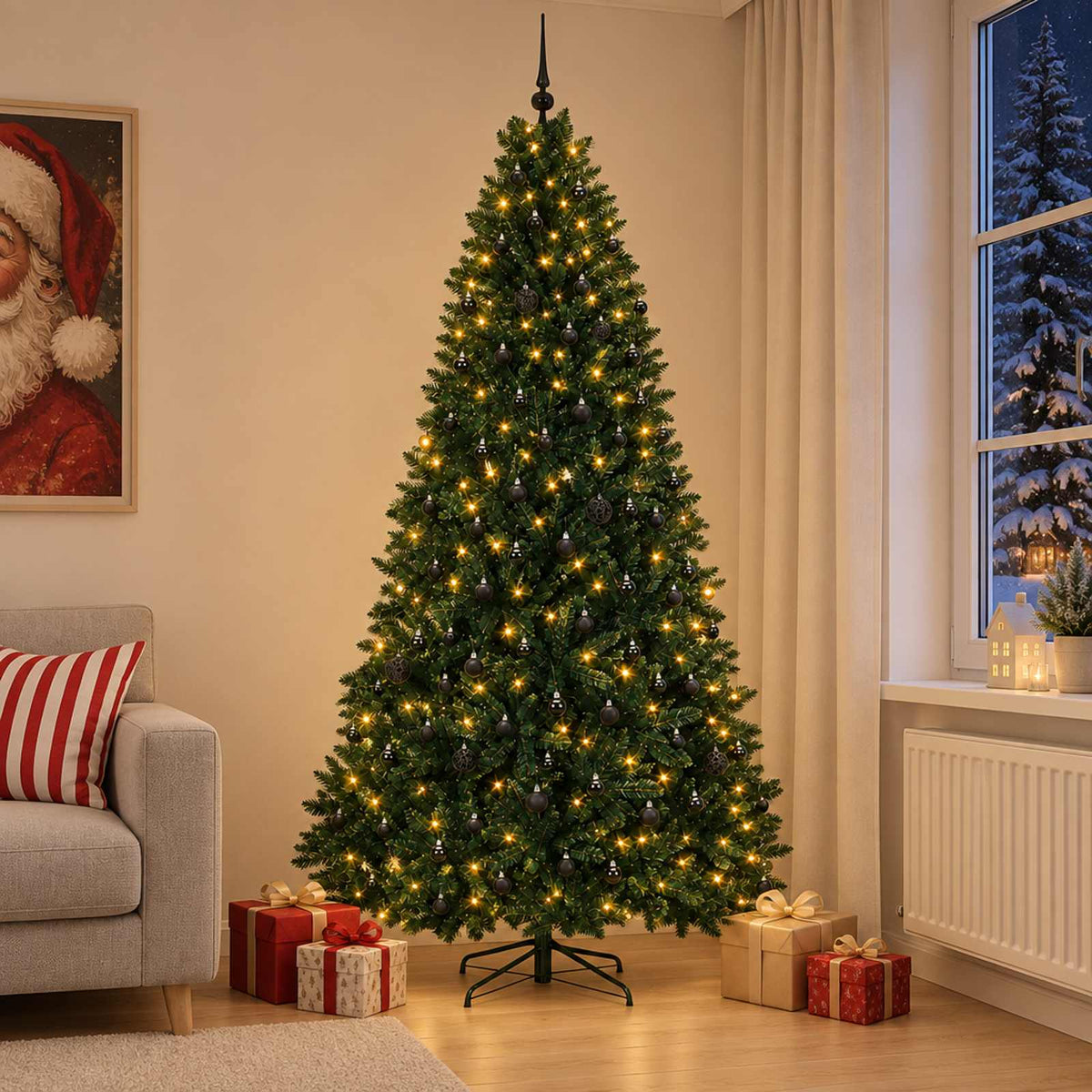 Artificial Christmas Tree Bauble Dark Green LEDs&black balls