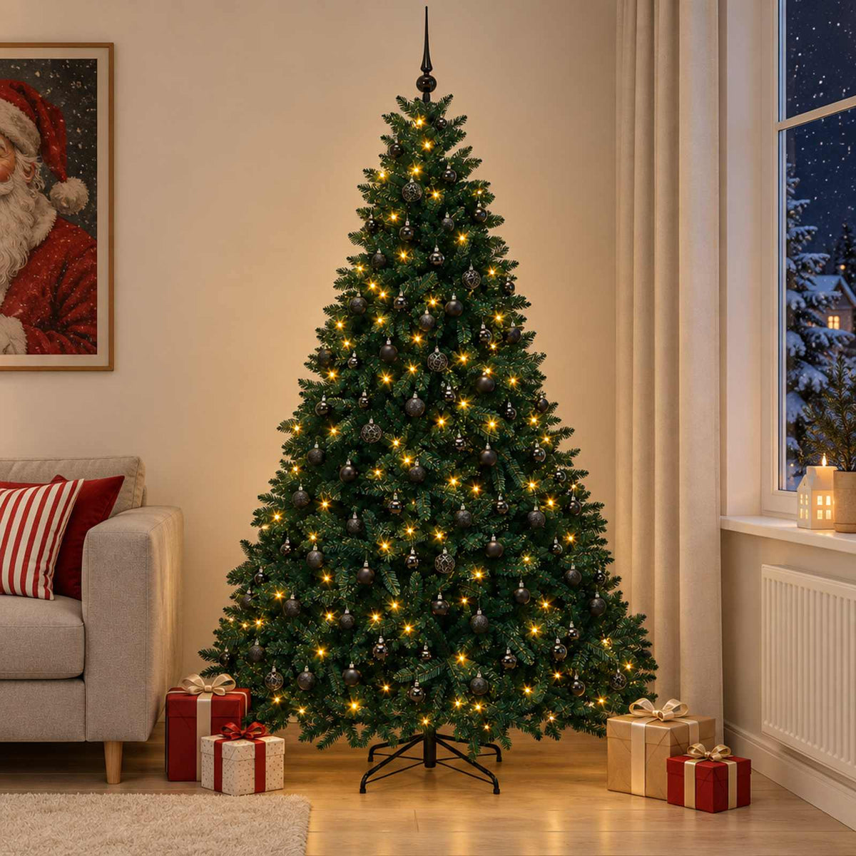 Artificial Christmas Tree Bauble Dark Green LEDs&black balls