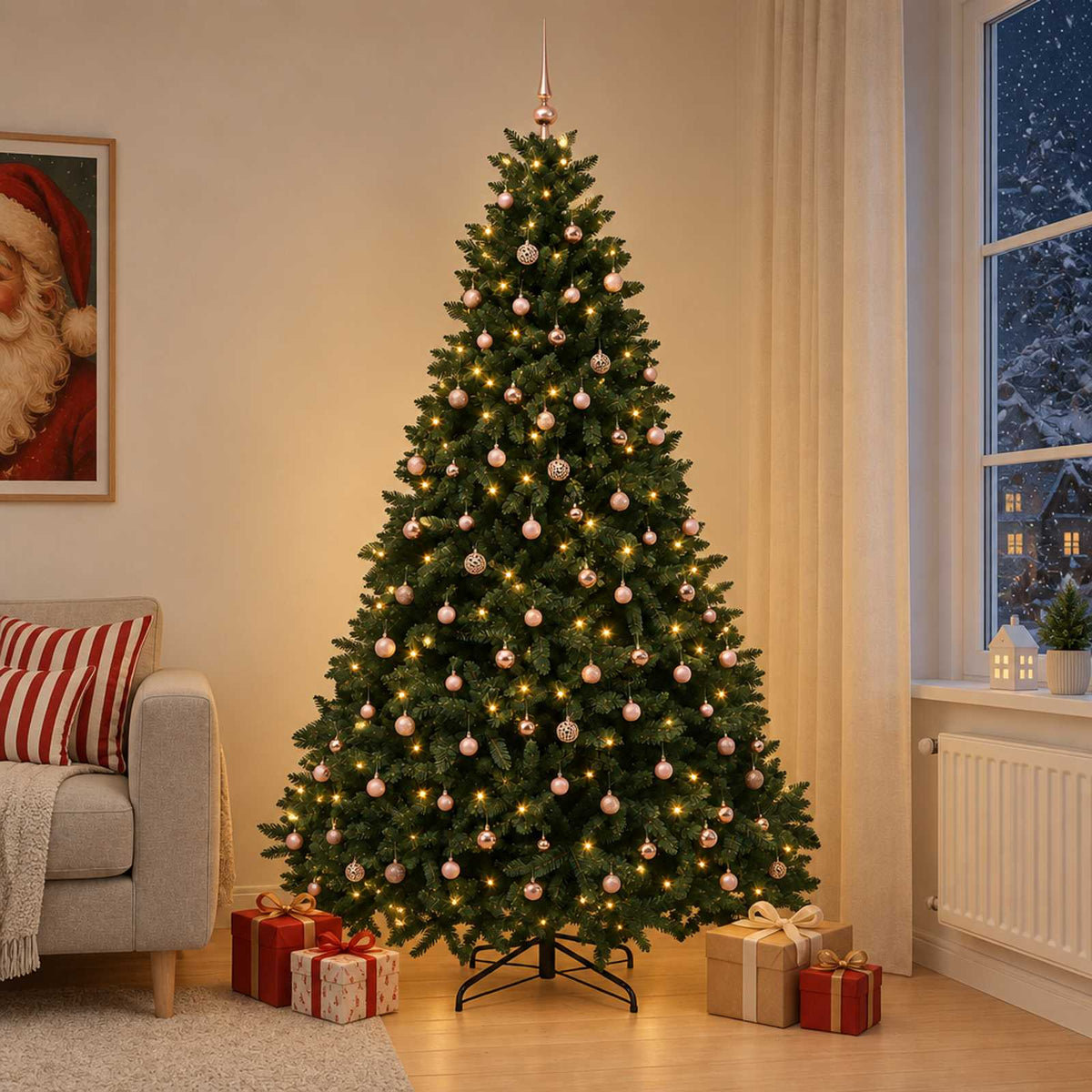 Artificial Christmas Tree Bauble Dark Green LEDs&pink balls