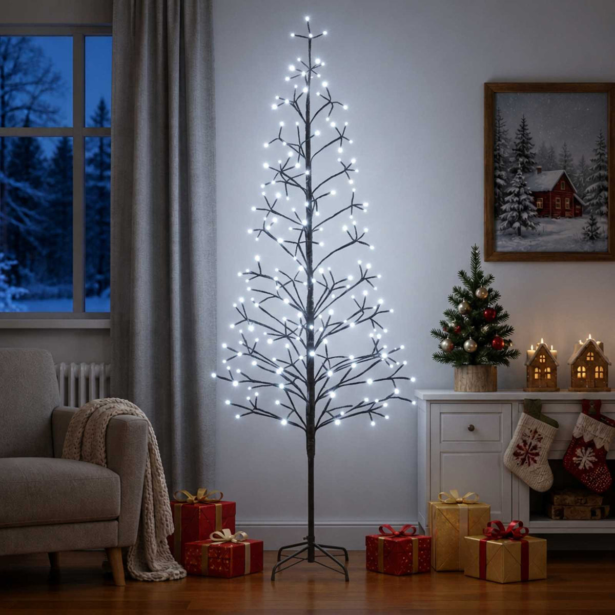 LED String Christmas Tree Black 47 x Steel 228 LEDs Black (cold white) 210 cm