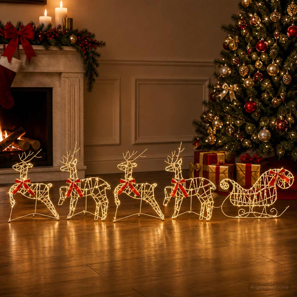 Christmas Reindeer with sleigh 100 LEDs Brown string 5 Warm white